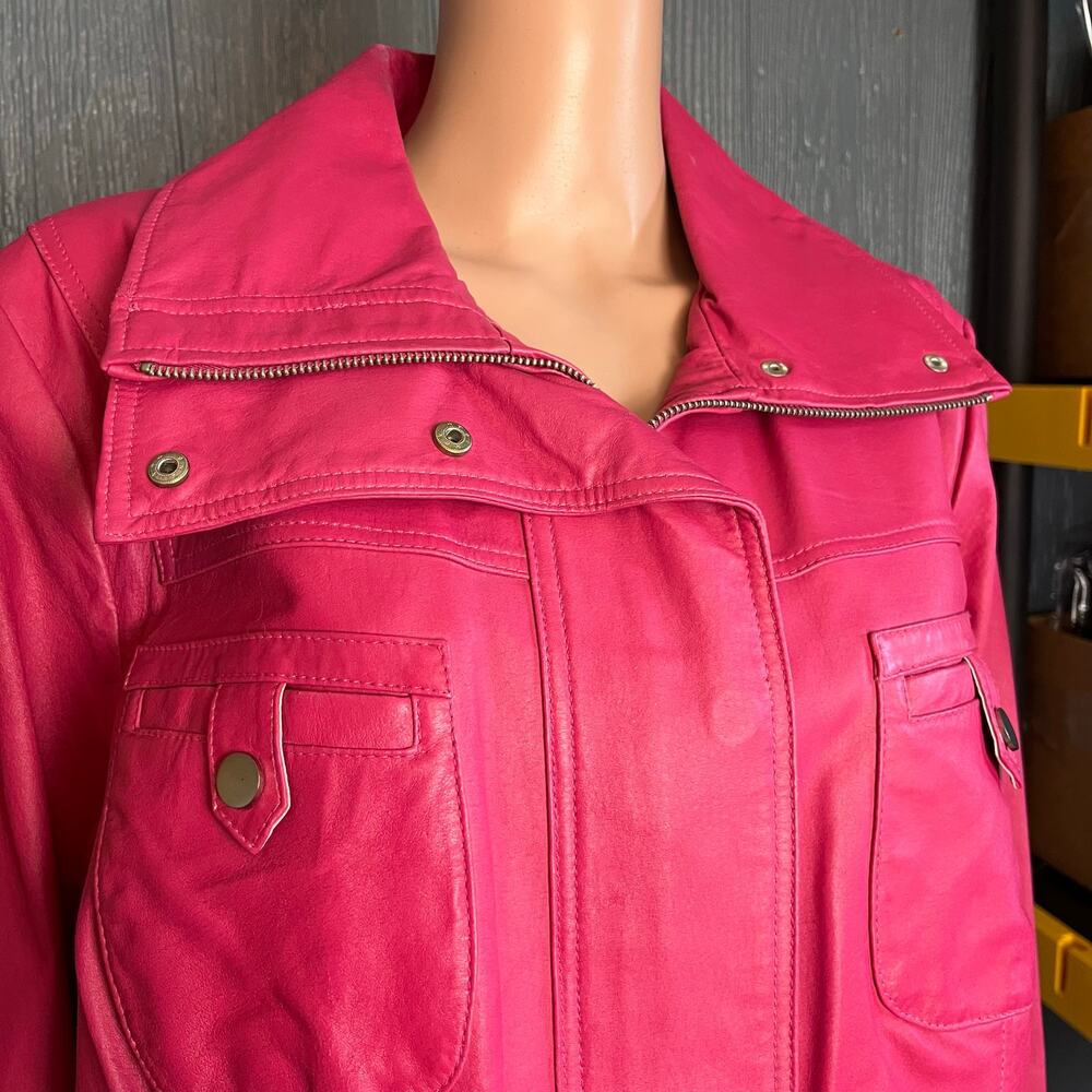 Vintage 90s Bradley Bayou Pink Leather Jacket 1X Boxy Hidden Placket - Picture 3 of 7
